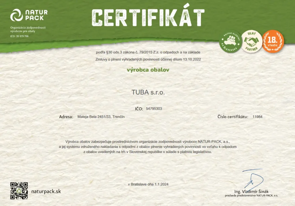 Certifikát výrobcu obalov NATUR-PACK